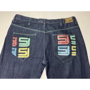 Sean John Men's Embroidered Wide Leg Baggy Blue Denim Denim Jeans - Size 40x32
